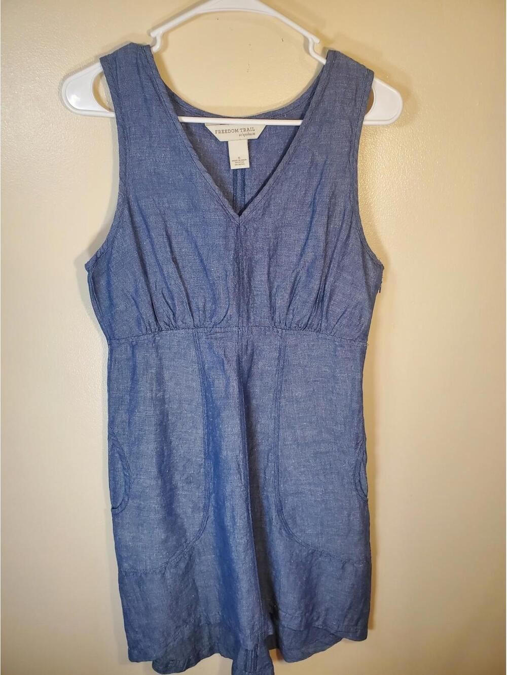 Freedom Trail by Kyodan V Neck Dress Size Sm Blue Pockets Linen Blend, Classic